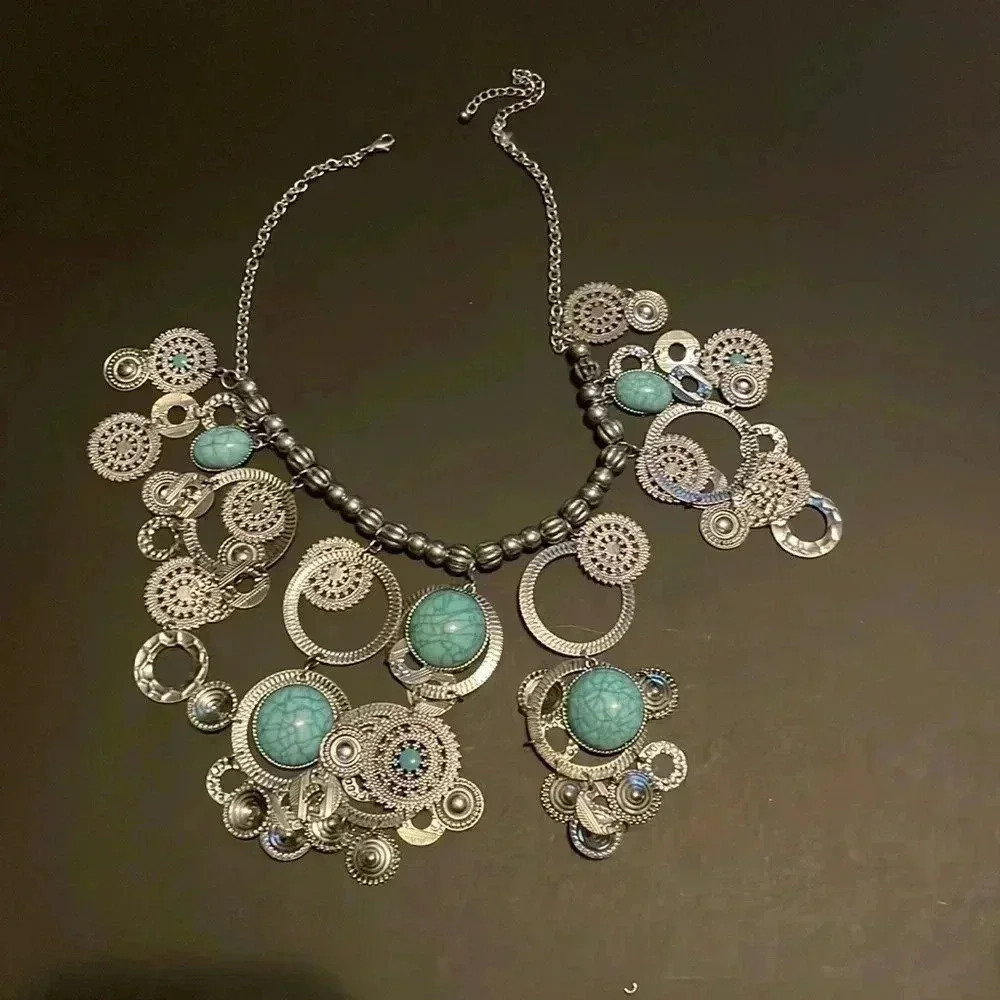 Blue & Silver Boho Statement Necklace Bold Exaggerated Collar - Picture 2 of 2